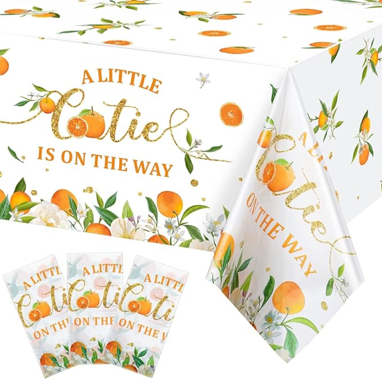 Little Cutie Tablecloth Orange Fruit Party Supplies Little Cutie is on The Way Disposable Plastic Table Cover for Citrus Baby Shower Birthday Tangerine Decoration, 54 x 108 Inches(3 Pack)